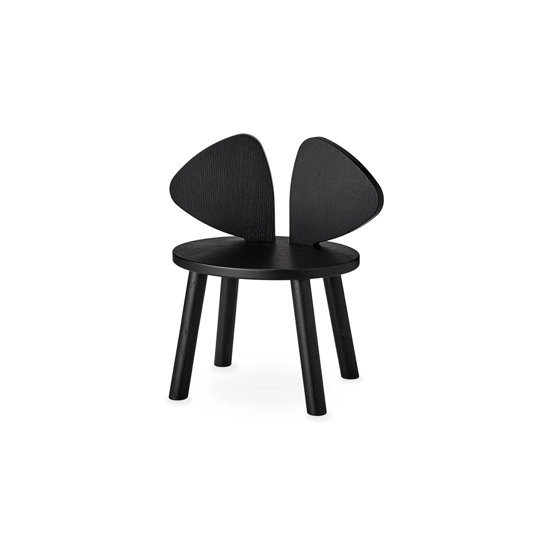 A modern black wooden chair with a round seat and a unique split backrest composed of two curved, wing-like panels, shown against a plain white background.